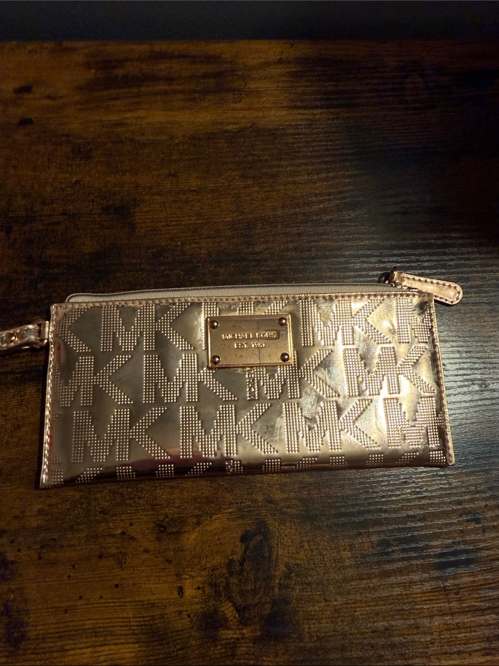 Michael Kors Metallic Rose Gold MK Logo Wristlet Pouch